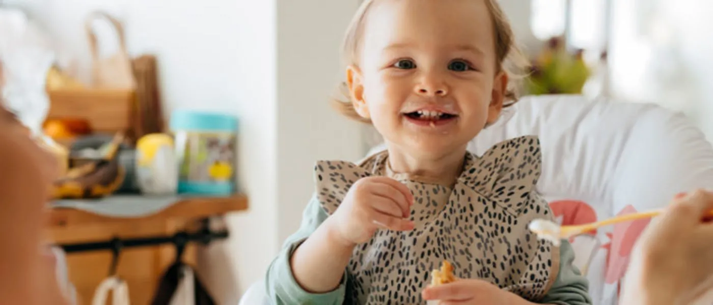Young toddler being spoon fed in a high chair